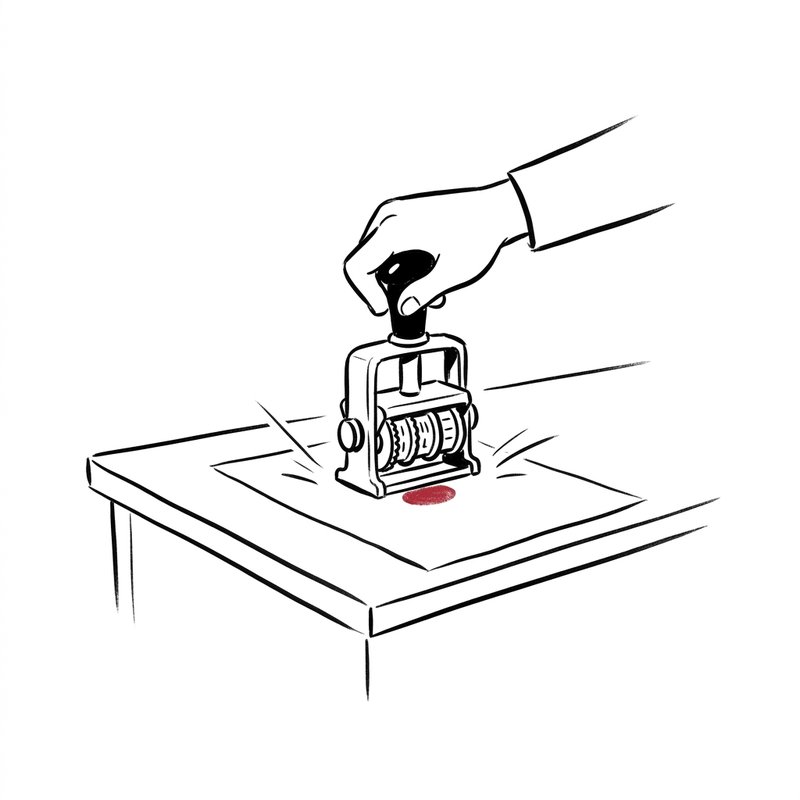 A hand presses a heavy date stamper onto a sheet. The fresh impression is one small round red mark.