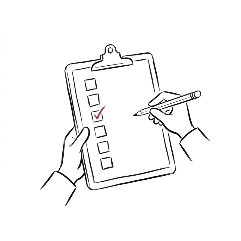 A clipboard form with six large checkboxes. A pencil ticks the third box in red.