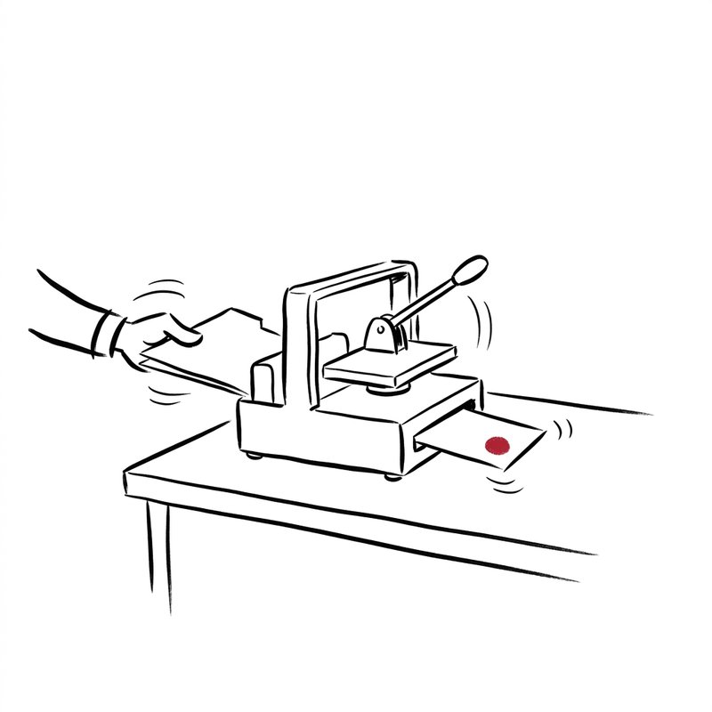 A desk machine takes a paper folder in one slot and prints a small card with a round red stamp from the other.